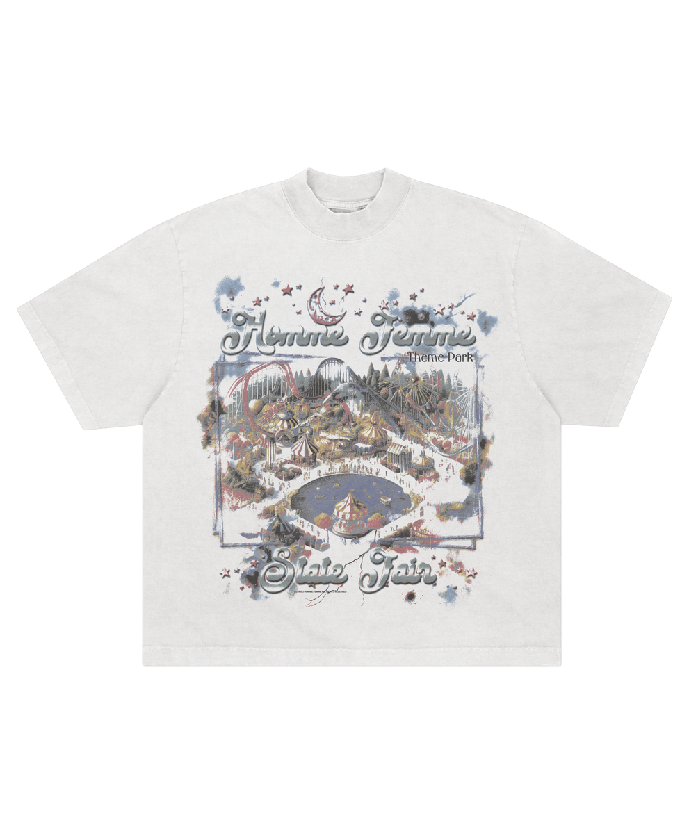 White graphic T-shirt for men and women featuring a colorful carnival motif and standard fit