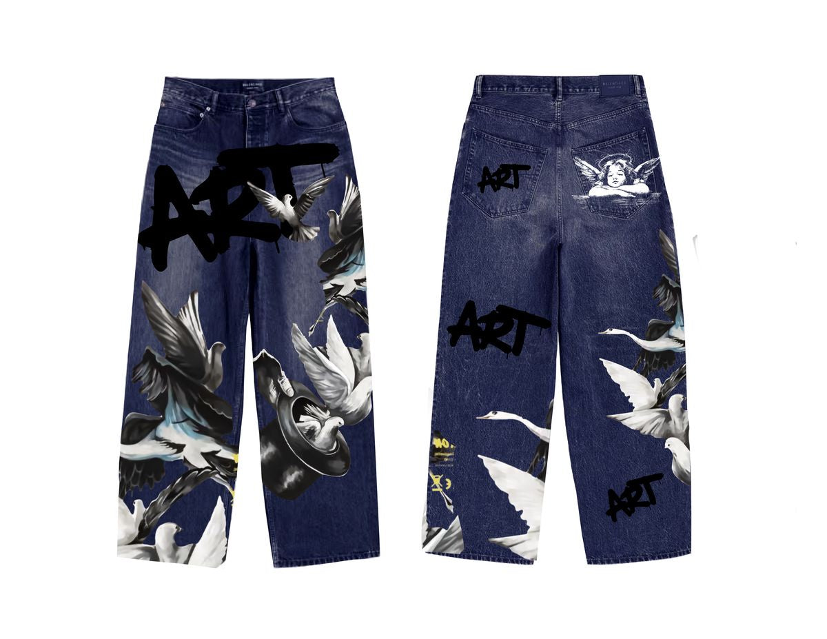Light blue baggy jeans with digital print design from Amor Jeans, style RM204B-2, 32-inch length