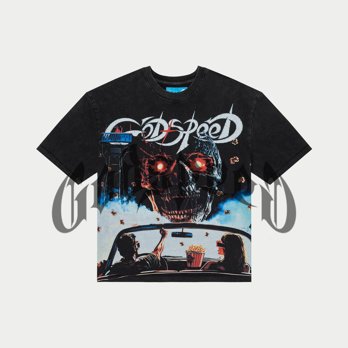 Black wash Godspeed Drive-In T-Shirt featuring a striking art design with stones around the crown