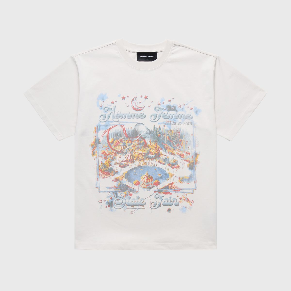 Unisex Carnival White Tee showcasing a detailed screen print of a festive carnival scene in a classic white color