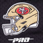 Detailed image of fabric and stitching on Pro Standard San Francisco 49ers athletic shorts in red and black