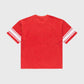 Front view of the unisex Homme + Femme Tokyo red T-shirt with rhinestone embellishments, perfect for trendy outfits