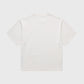 Cropped fit men's and women's white T-shirt with bold graphic art, made from durable heavy cotton fabric