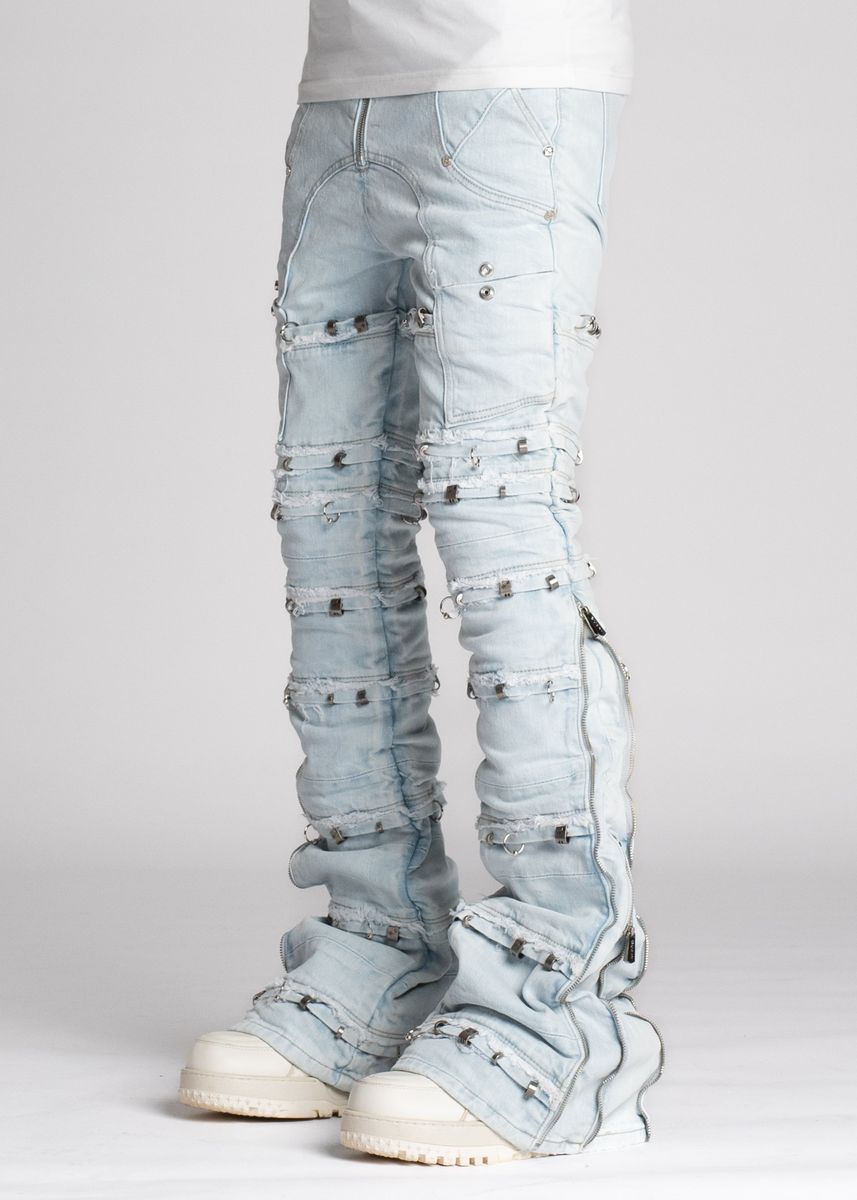 Guapi Aqua Blue Stacked Piercing Denim Jeans