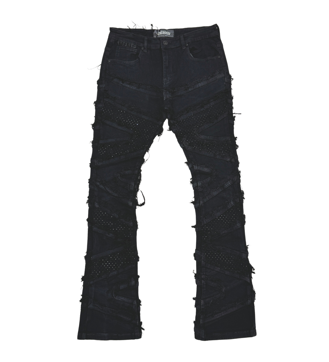 Premium black denim jeans with flared design and embellished stones for a stylish look