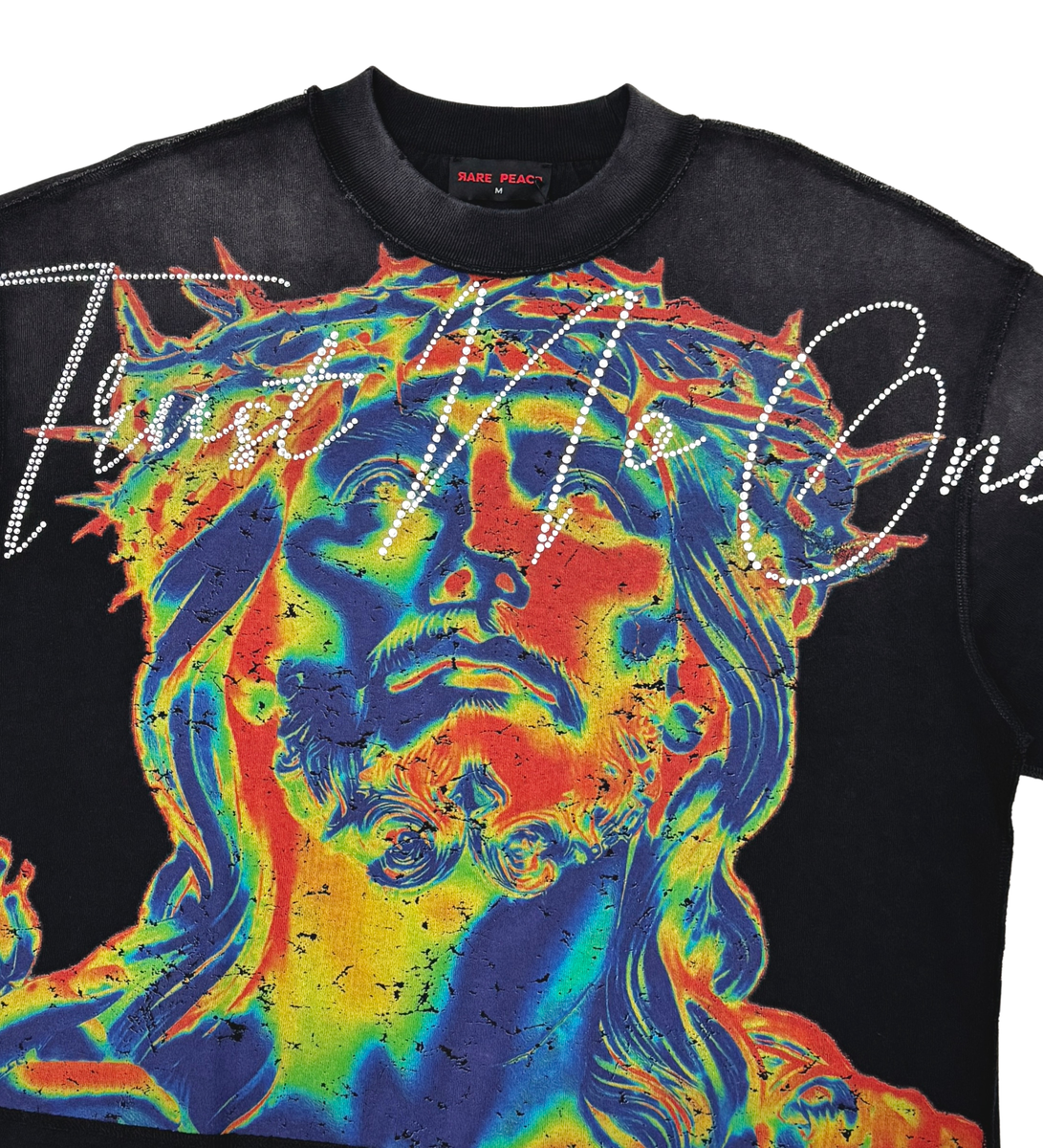 Full view of the Rare Peace Heat Map Black Tee highlighting its classic black color, printed heat map graphic, and comfortable cotton material