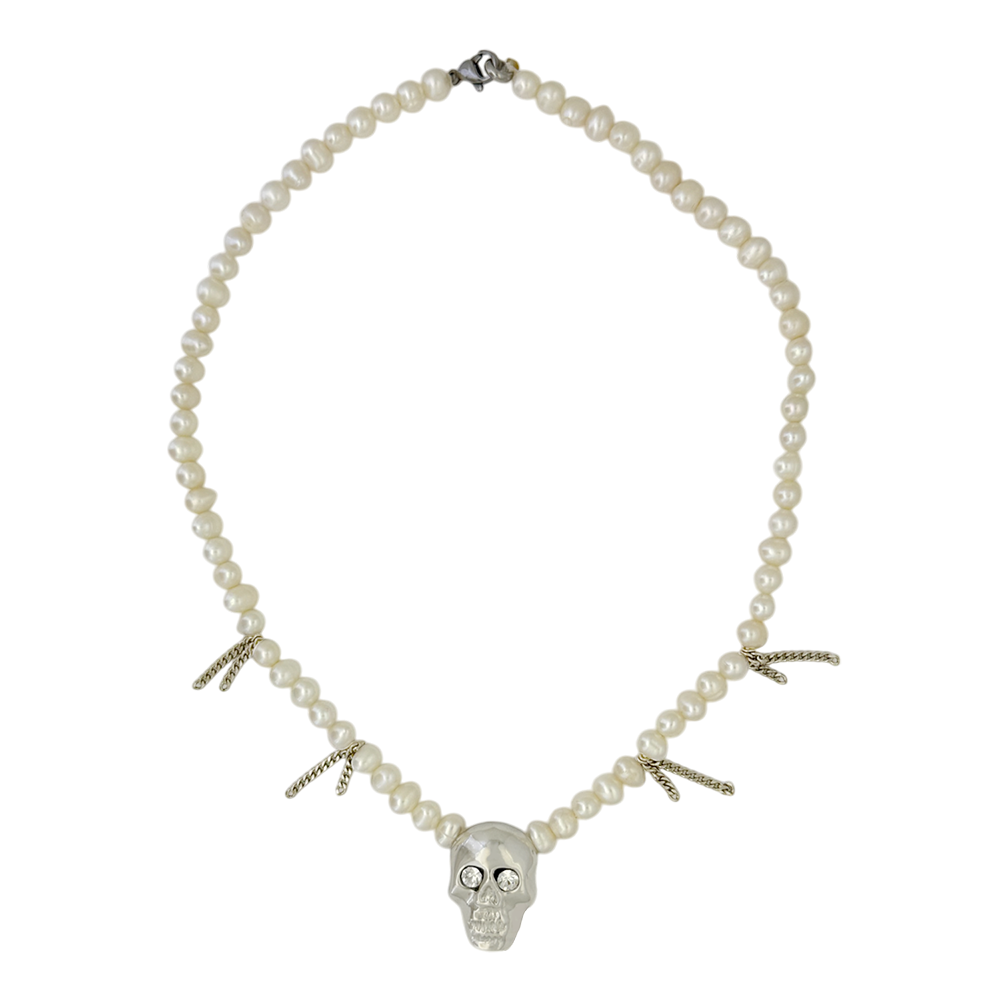 BB Simon Silver 925 Single Skull Pearl Necklace - Clear pendant on silver chain with single skull and clear pearl