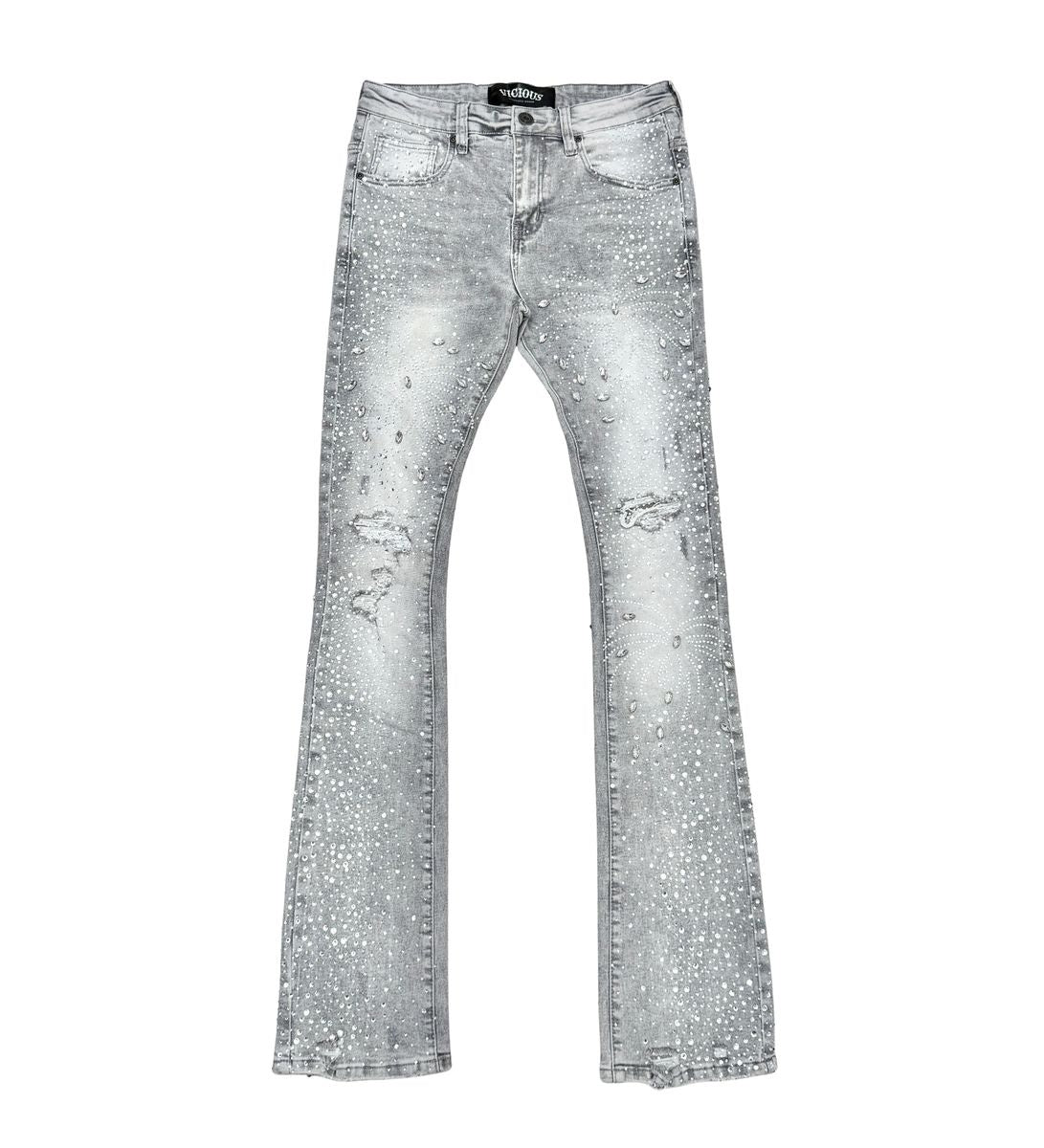 Vicious Embellished Rhinestone Grey Denim Flare Jeans showcasing intricate rhinestone details