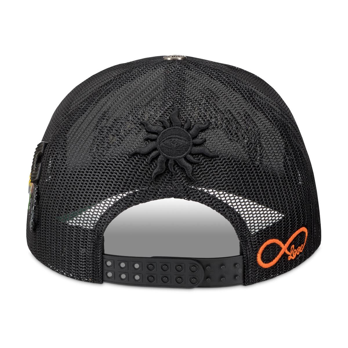 Front view of the Godspeed Forever Vanta trucker hat showcasing packaging, embroidery, and pin set