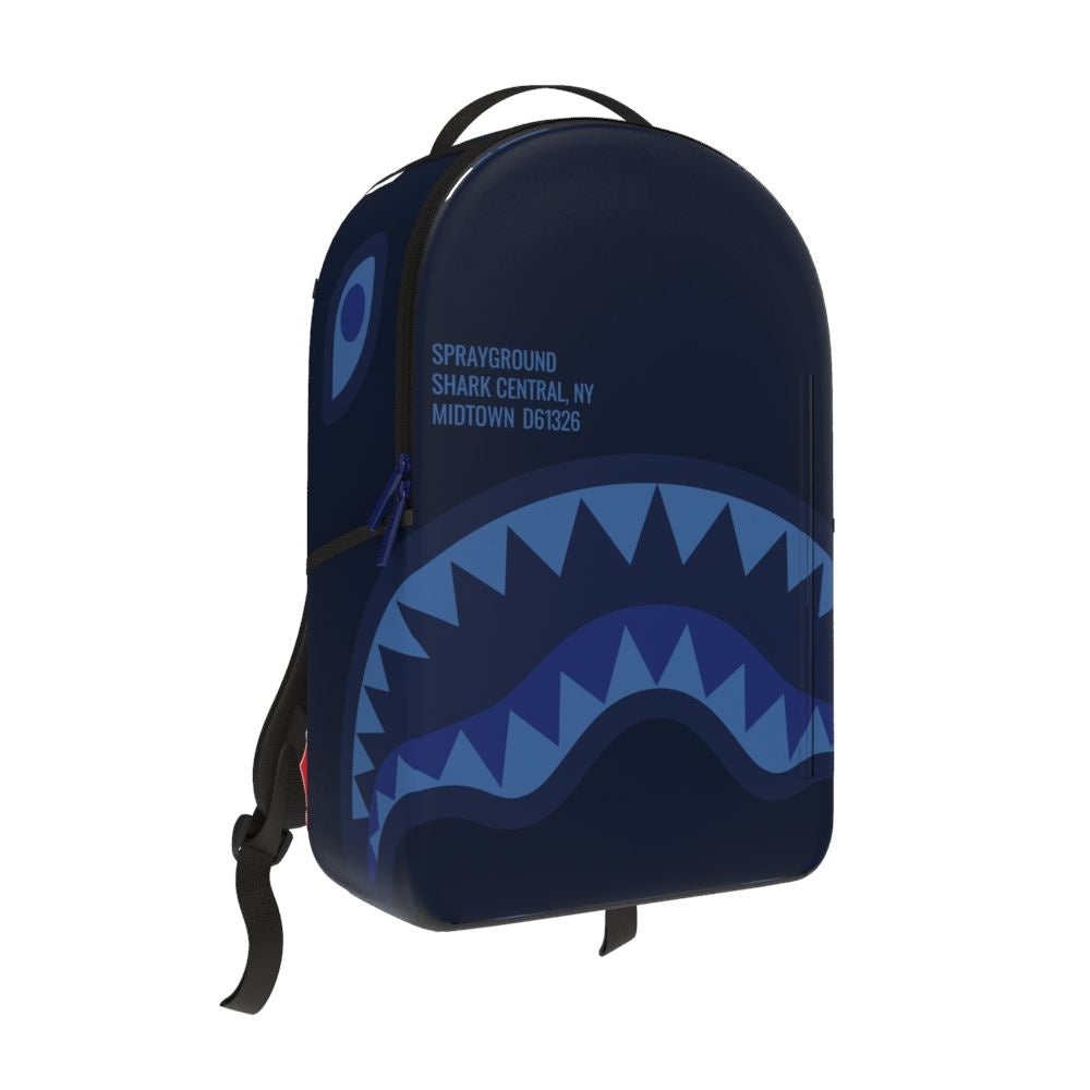 Spayground Shark Central Midnight Blue backpack featuring durable PVC material and spacious design