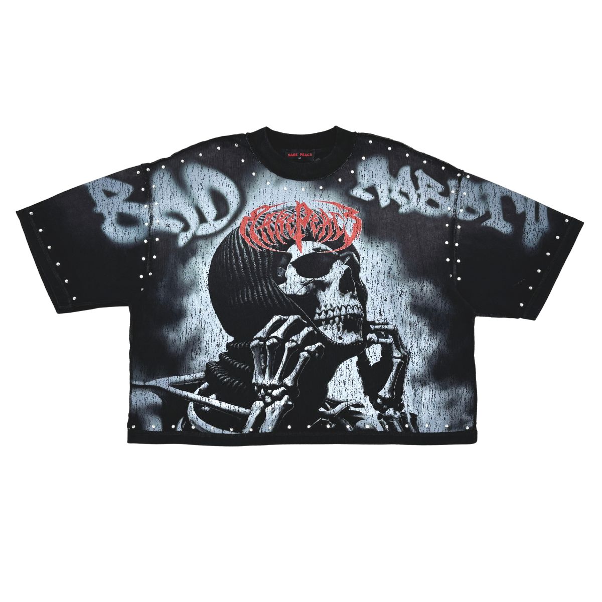 Heavy black cotton T-shirt with intricate rhinestone skull graphic from the Rare Peace collection