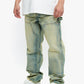 Rear view of the jeans highlighting the rear pockets and overall vintage wash look