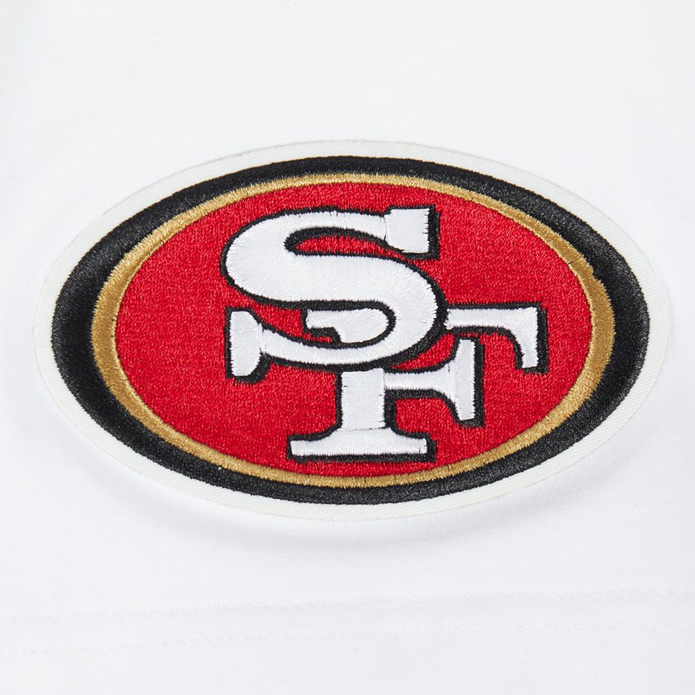Material details and stitching of the Pro Standard San Francisco 49ers City Ransom Tee in white