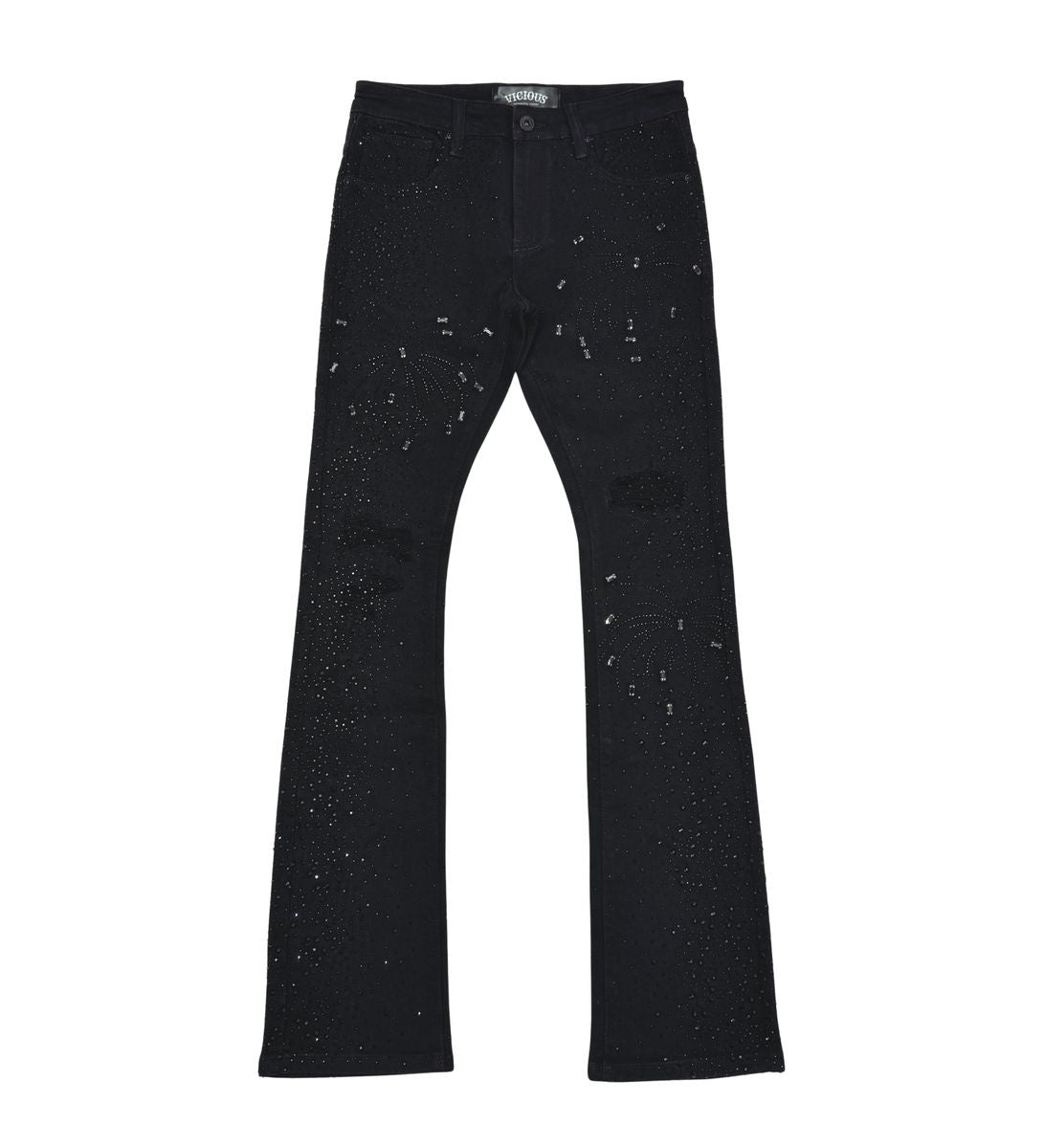 Elegant black denim flare jeans adorned with rhinestone embellishments and intricate detailing