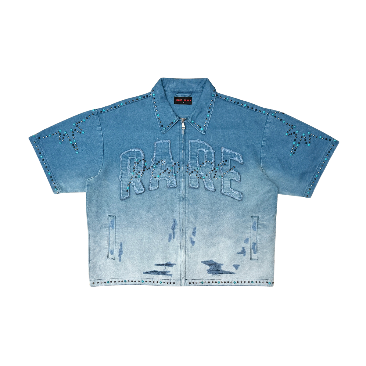 Rare Peace "Value" Zip Down Rhinestone Denim Blue Shirt (RJ6064 )