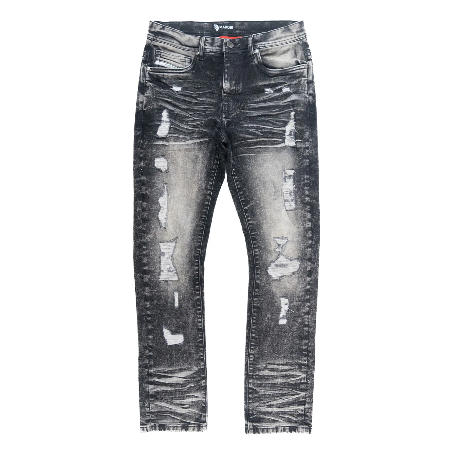Close-up of the textured black wash denim fabric of Makobi Moreli Black Wash Denim Jeans style M1979