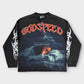 Premium black wash long sleeve T-shirt featuring a bold Rough seas make good sailors graphic with a unique stone-accented crown design