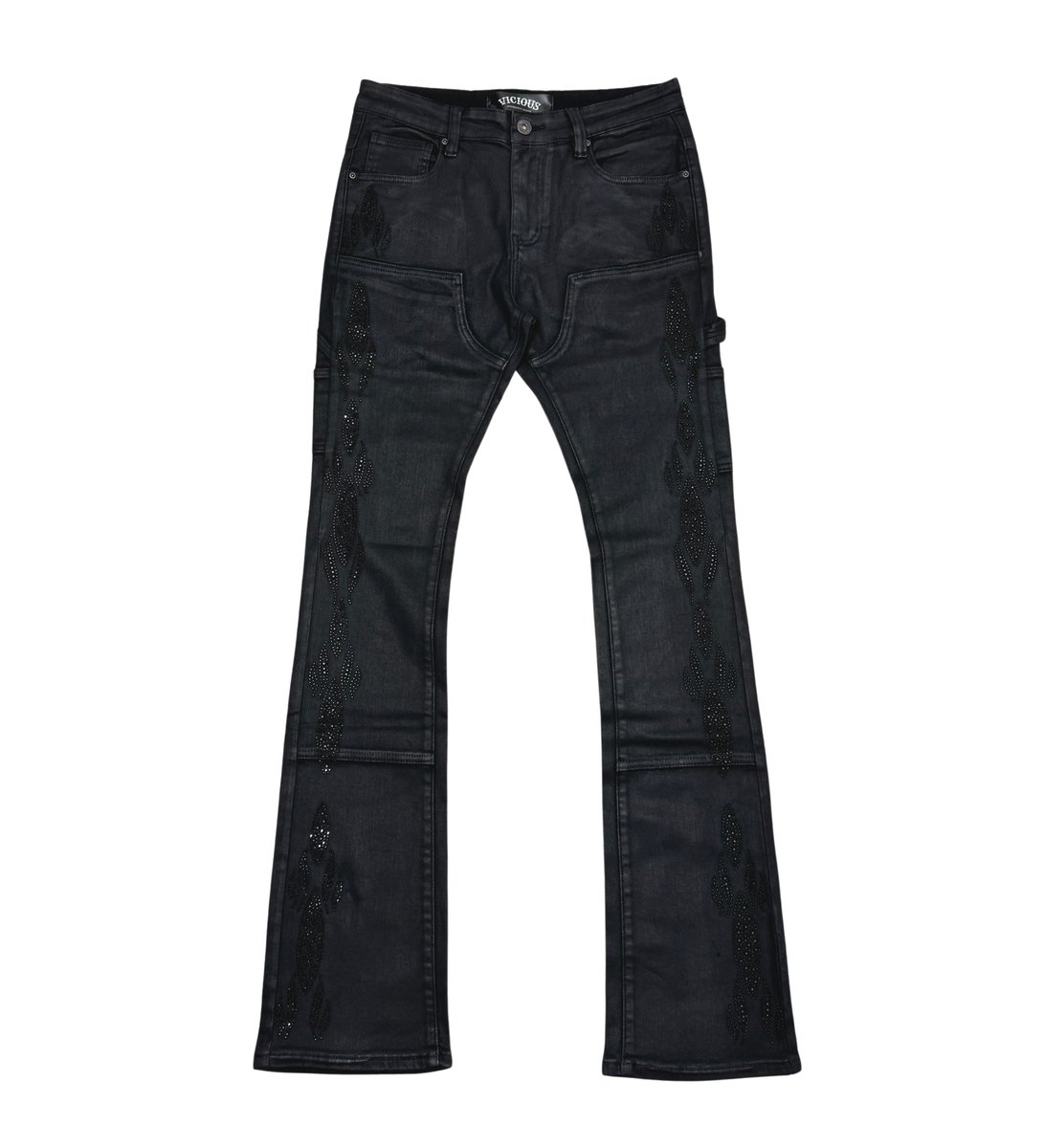 Side angle displaying the Vicious VC654R Coated Black jeans' slim fit, wax coating, and embellishments