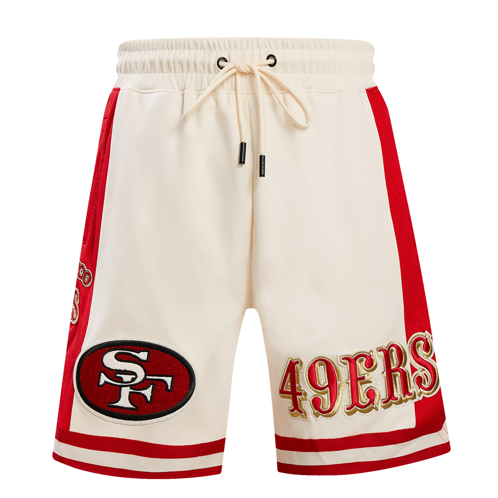 Pro Standard 49ers shorts featuring vintage-inspired design and team logo in eggshell and red