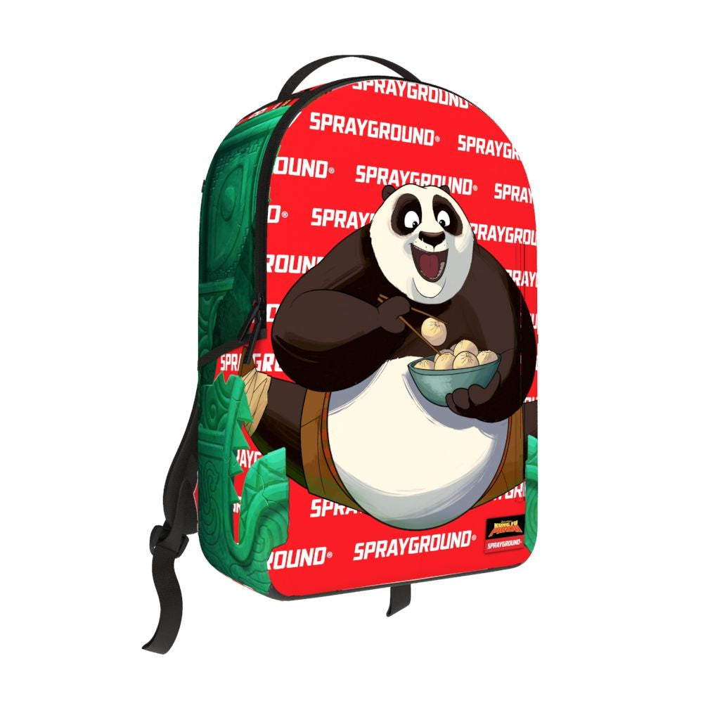 Detailed image of the Sprayground Kung Fu Panda PO Split DLXR Backpack featuring vibrant design, dimensions 18 x 115 x 65, made from durable 900D recycled polyester material