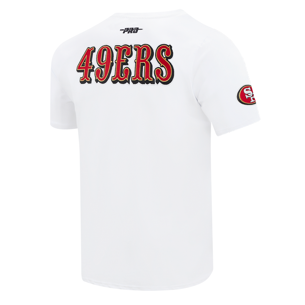 Side profile showing the fit and cut of the San Francisco 49ers City Ransom T-shirt in white