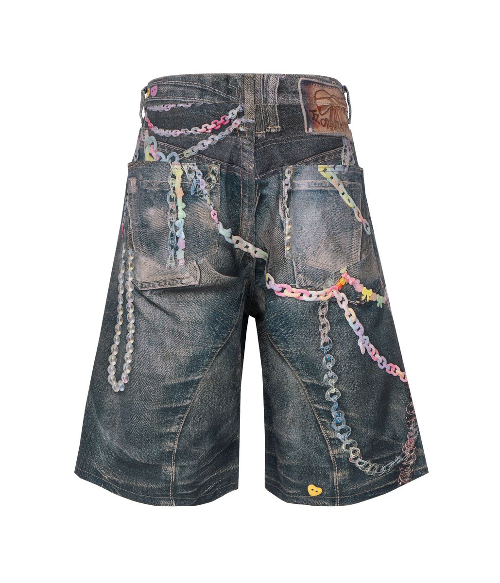 Sandwash finish on heavyweight denim Lucky Blue Shorts with graphic print and relaxed fit