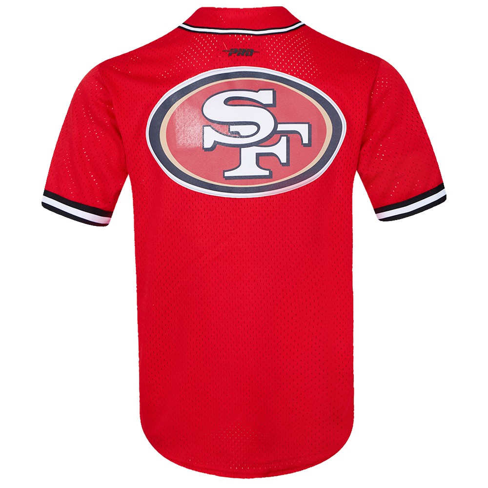 Pro Standard San Francisco 49ers Script Tail Mesh Button Up Jersey in Red and Black with team logo and lettering on the front