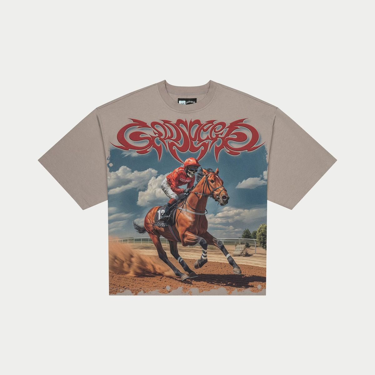 Long-sleeve stone-colored Godspeed Thoroughbred T-Shirt featuring digital art, numbered authenticity tag, and oversized fit