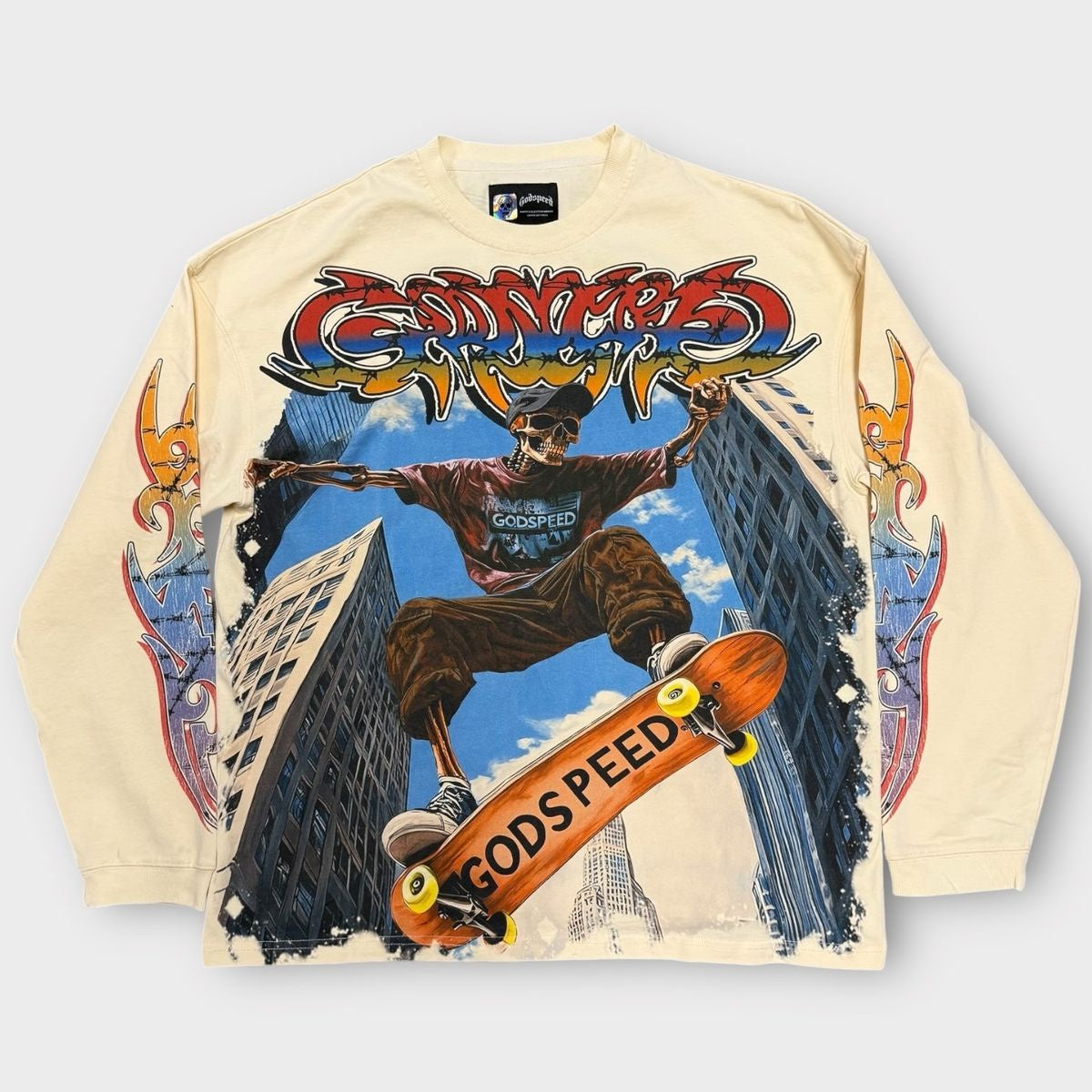 Limited edition Godspeed Ollie Long Sleeve in Bone featuring striking artwork and numbered design