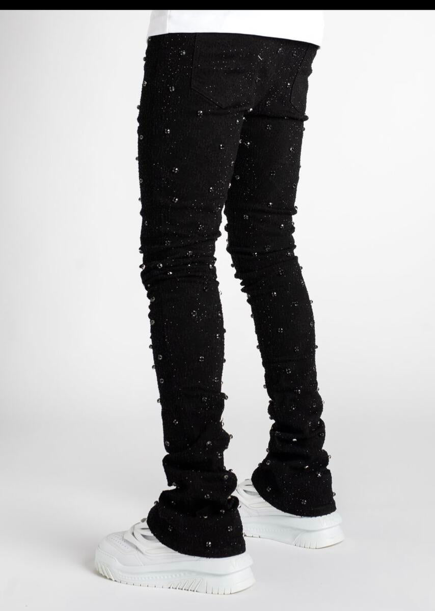 VC510 Black Flared Denim Jeans with Embellished Pockets and Frayed Hem