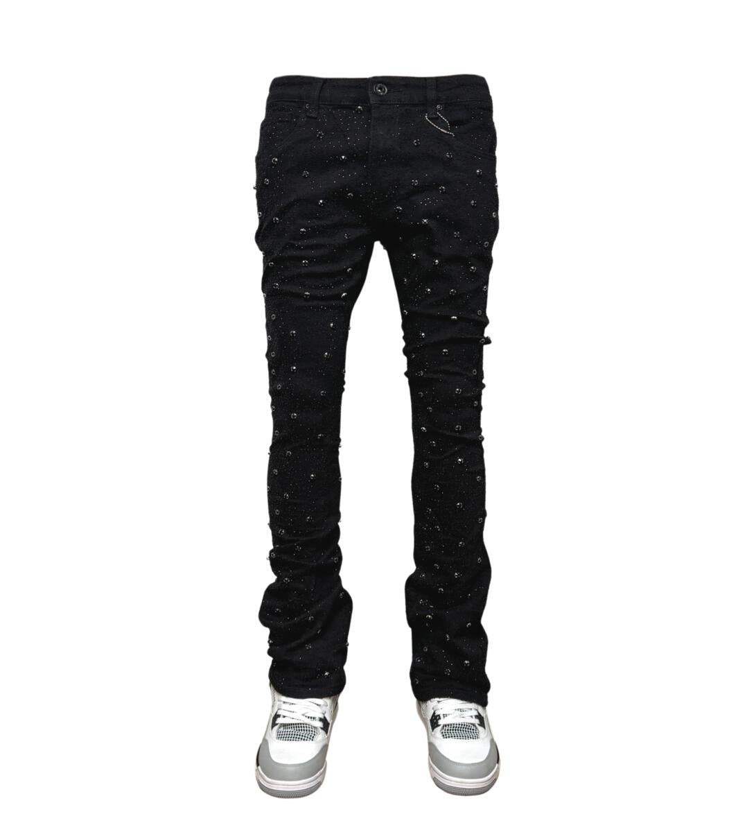 VC510 Black jeans with intricate embellishments and flared design