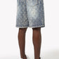 Vibrant aqua blue embellished denim shorts with diamond-pattern rhinestone detailing