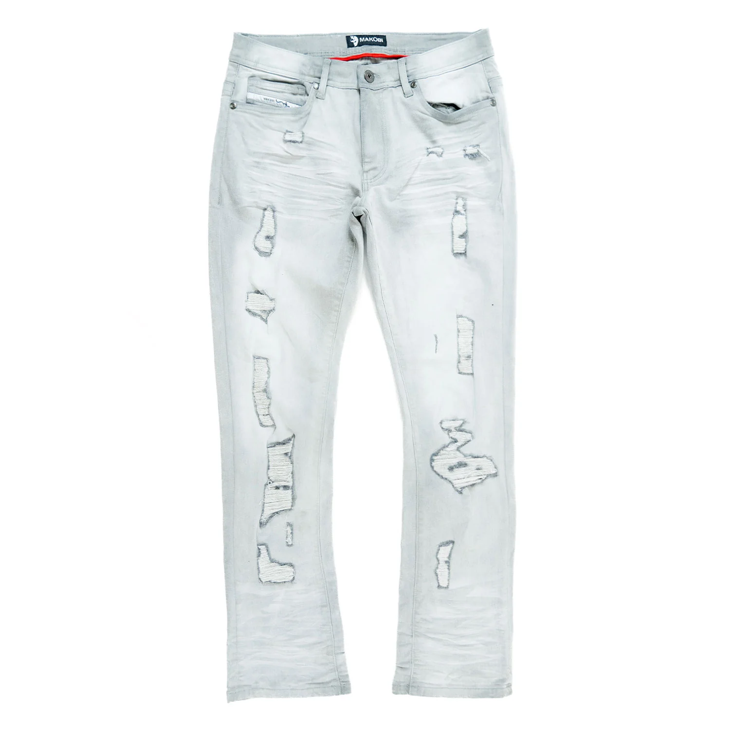 Front view of Makobi Moreli Grey Denim Jeans M1979 featuring classic five-pocket style in grey denim