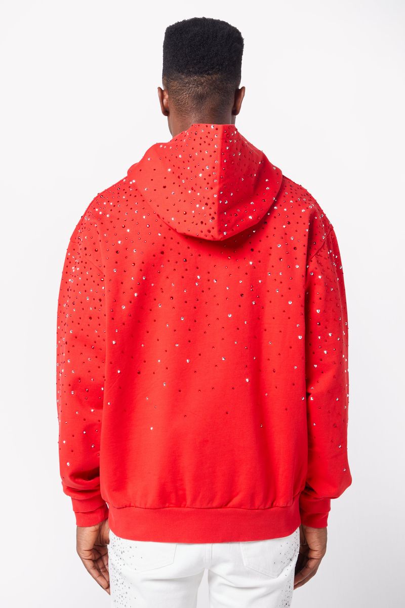 Guapi Blood Red Embellished Hoodie with intricate beading and hood detail