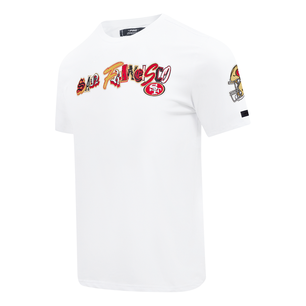 Close-up of the San Francisco 49ers logo and design on the white City Ransom Tee by Pro Standard