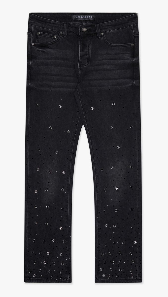 Valabasas black washed straight denim jeans with distressed detailing and raw hem