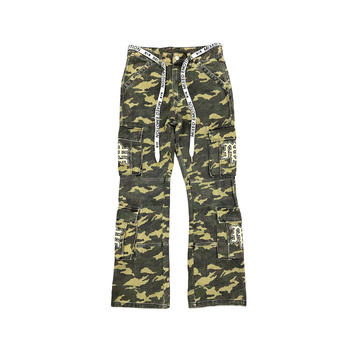 A pair of Mixed Emotion ME Green Camo Cargo Pants featuring a modern camouflage pattern and multiple cargo pockets for a stylish, utilitarian look
