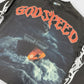 Detailed view of the Godspeed Sea Sick Long Sleeve in black wash showcasing its mid-weight 10oz fabric and striking artistic print with stone embellishments around the crown
