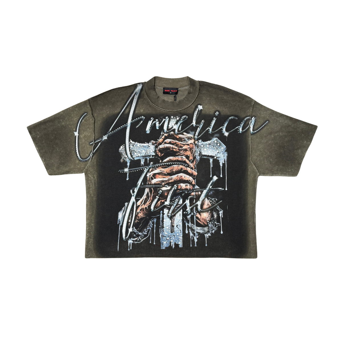 Rare Peace "America First Sword" Rhinestone Olive Tee