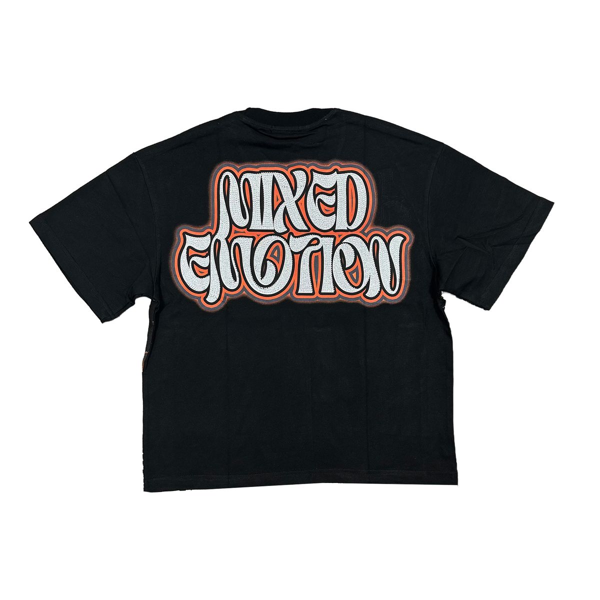 Close-up of the Twin Rhinestone Black Tee showcasing sparkling rhinestones and comfortable fit