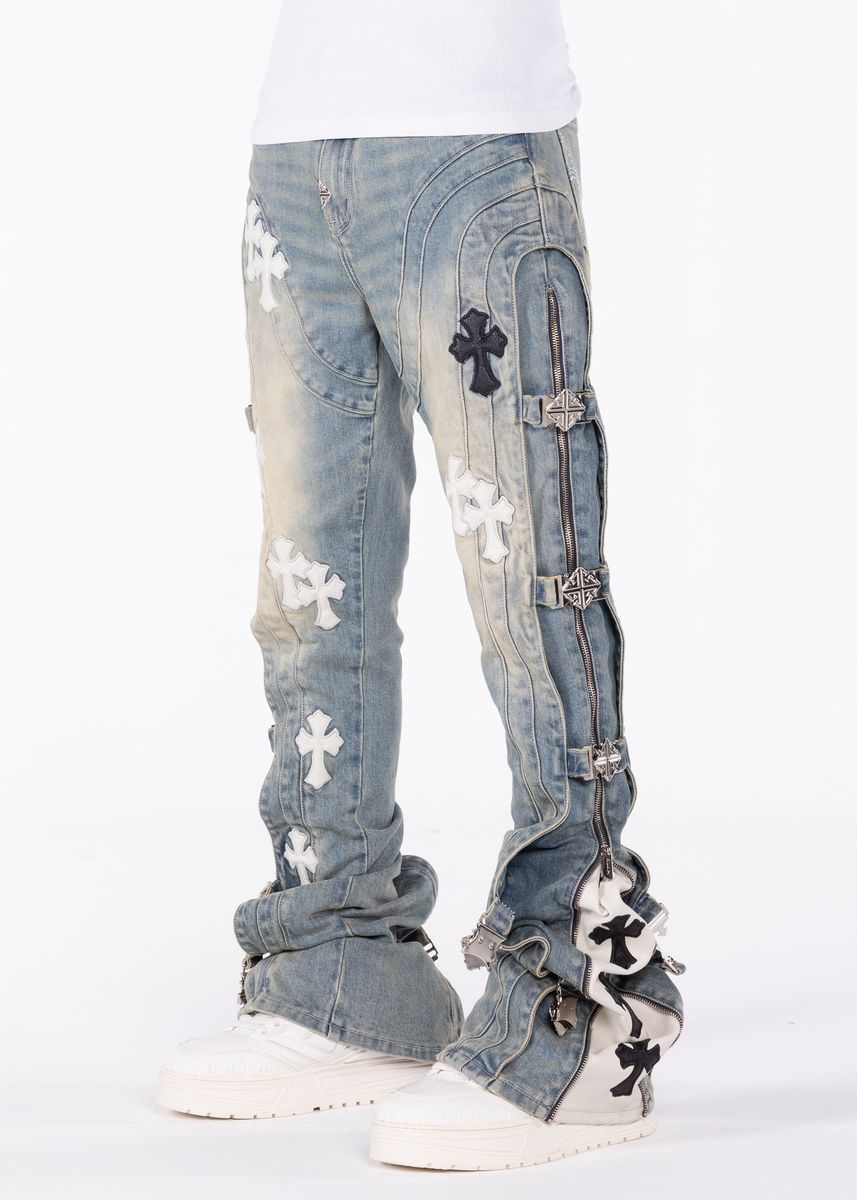 Guapi Vintage Blue Cross Buckle Denim Jeans