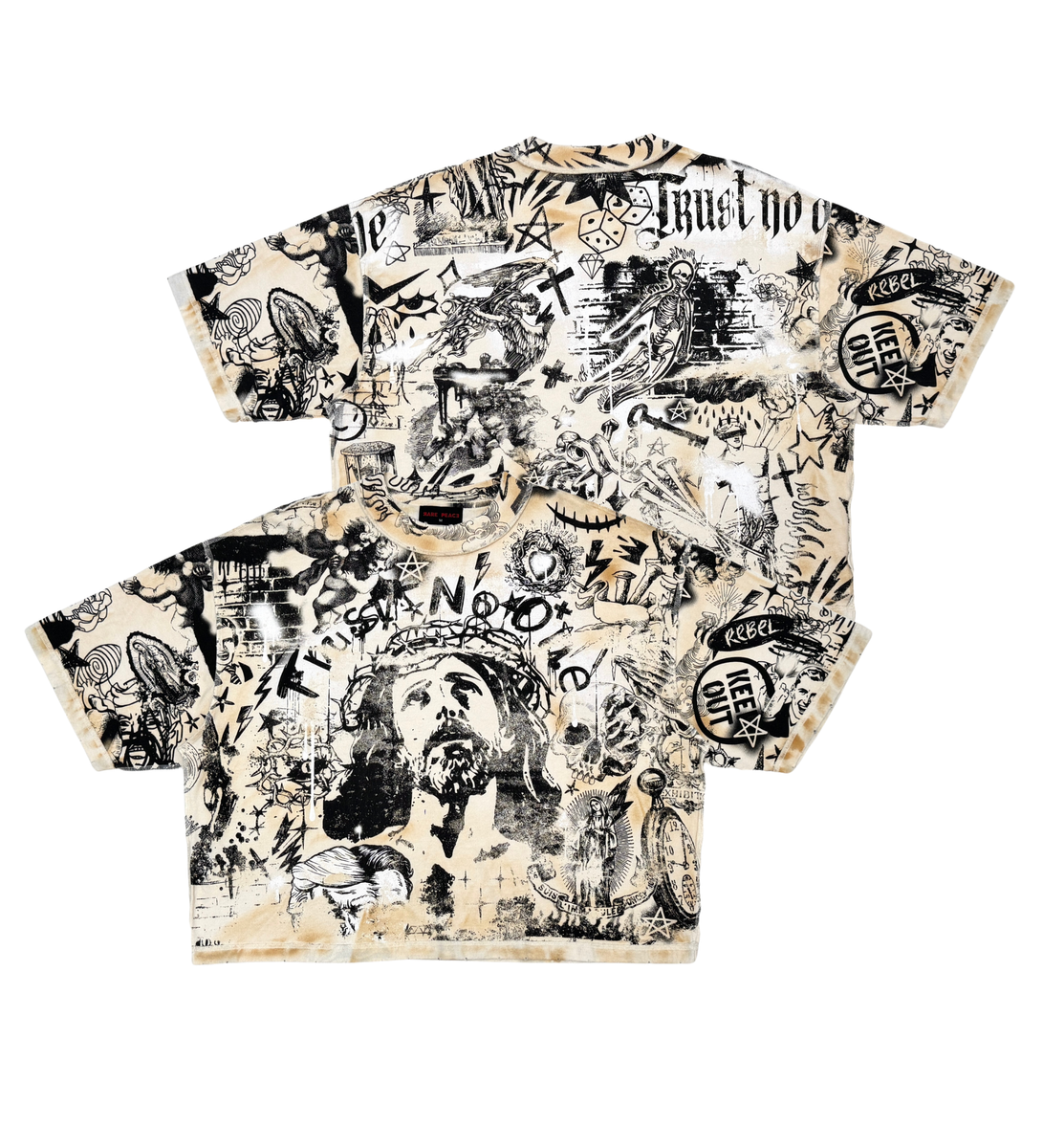 A 100% cotton Rare Peace Doodle Ecru Tee featuring a printed and flocked design
