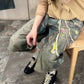 Unfinished Lucky Blue Denim Shorts featuring all over graphic design and sand blast wash