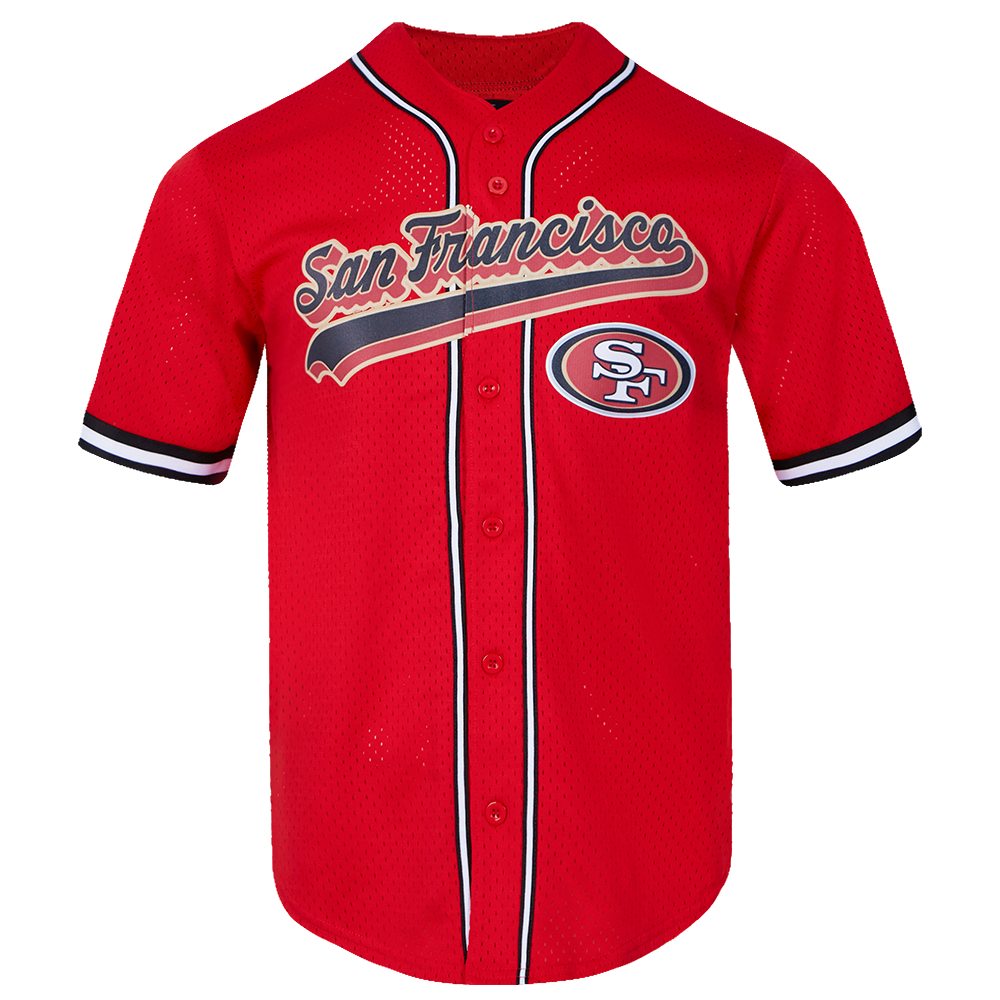 Red and black Pro Standard San Francisco 49ers Script Tail Mesh Button Up Jersey with official team logo and colors