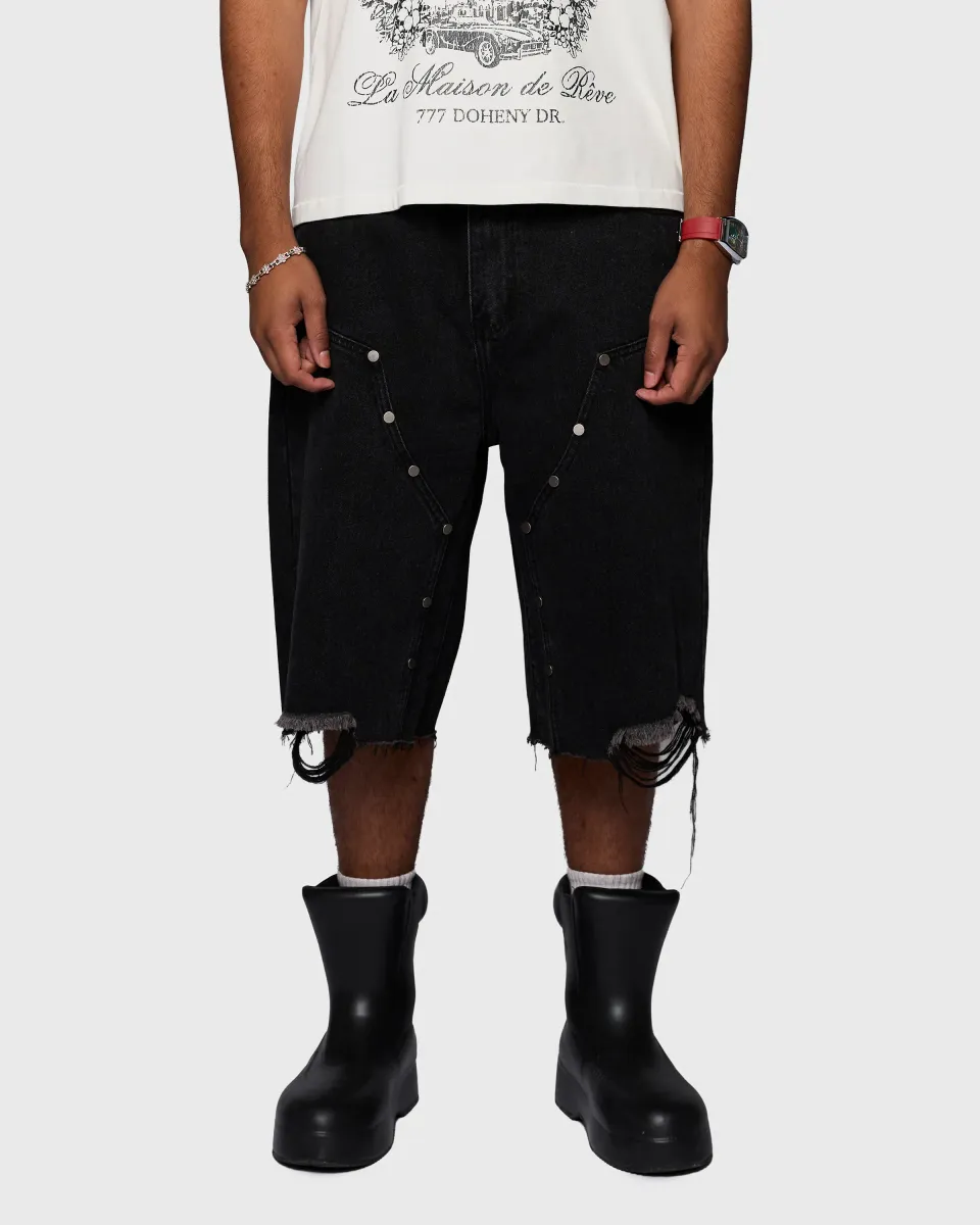 Homme + Femme "Arsenal" Studded Denim Shorts - Black