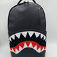 Close-up of Sprayground Fly Knit Shark Mouth Backpack made from 100% PVC material