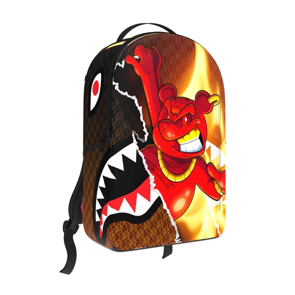 Vibrant Sprayground Diablo Fire Tear Backpack featuring bold fiery design and durable PVC material
