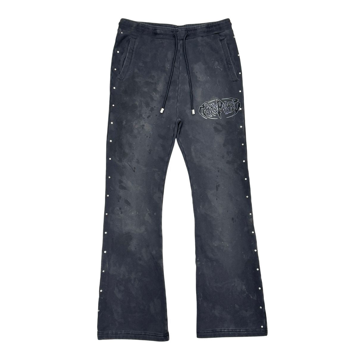 Dark grey stacked jogger featuring rhinestone RP Logo design with a comfortable fit