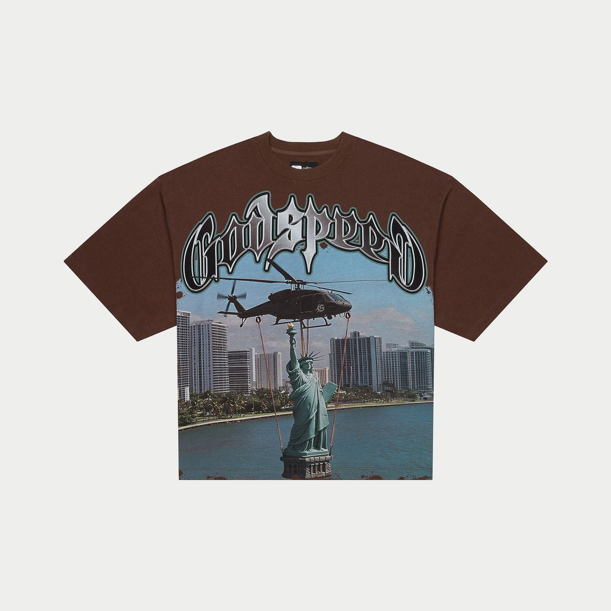Long-sleeve Mocha Wash T-Shirt featuring striking digital art of JFK to MIA flight in an oversized fit with limited numbered authenticity tags
