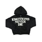 Dark black zip-up hoodie adorned with sparkling rhinestones spelling End for a bold, fashionable statement